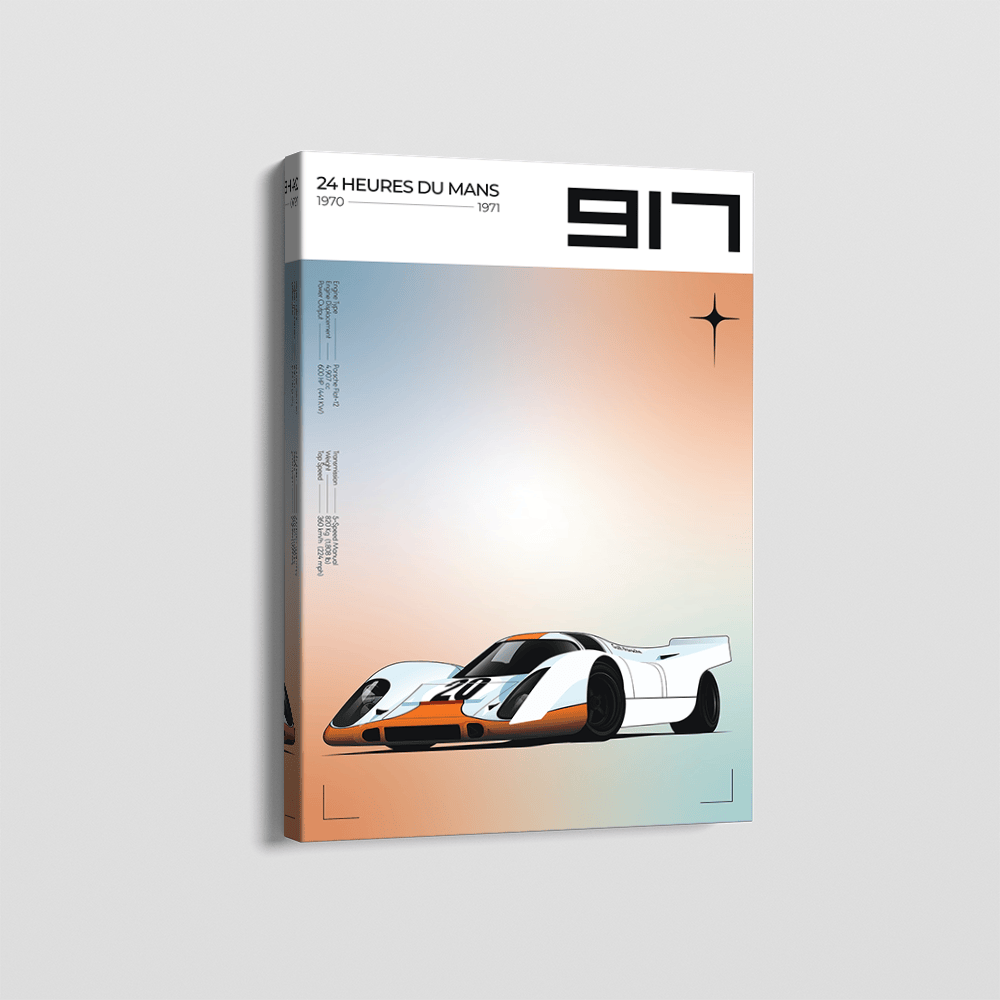 Porsche 917K racing car wall art, vintage motorsport poster with soft gradients and precise typography