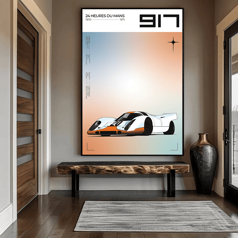 Porsche 917K racing car wall art, minimalist print with soft gradients, typography and technical details in ivory and orange