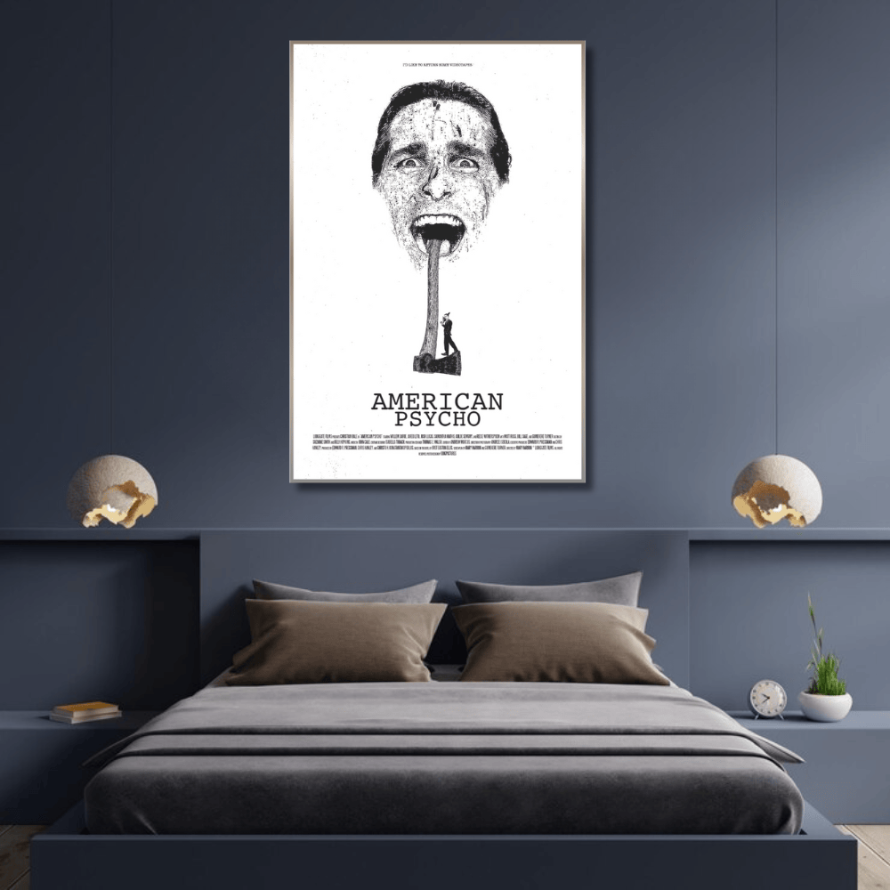 Minimalist monochrome movie portrait wall art, stark black and white design with a fragmented face and figure in a bedroom