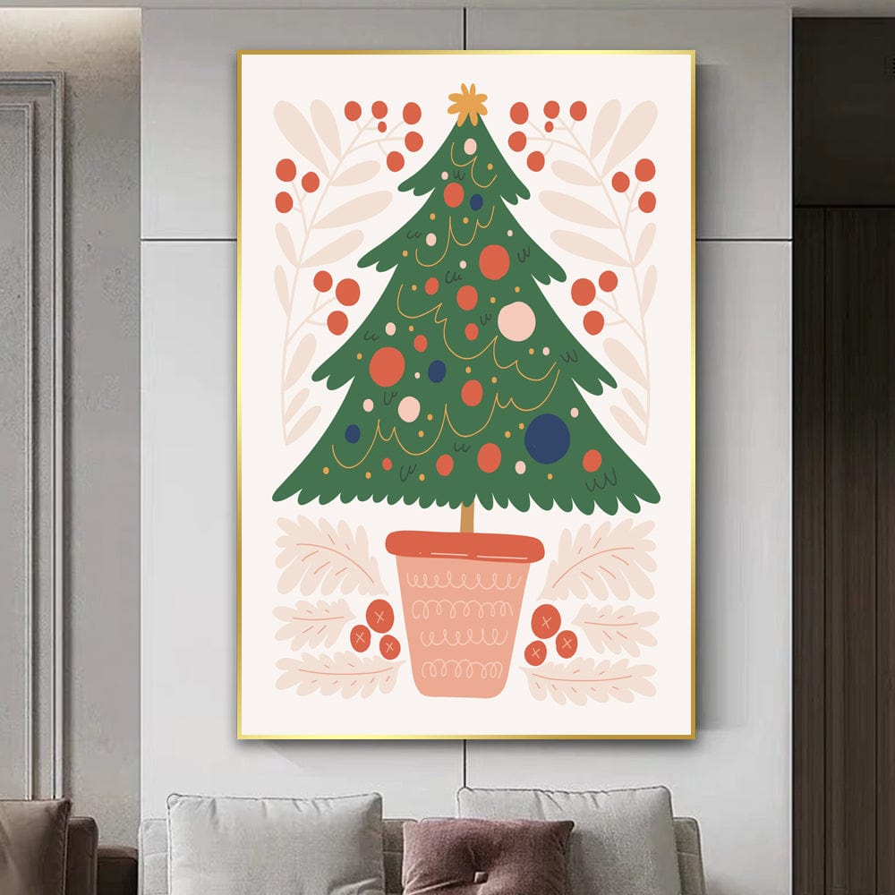 Abstract holiday Christmas tree wall art print, green evergreen in a pot with red berries and pale foliage in a gold frame