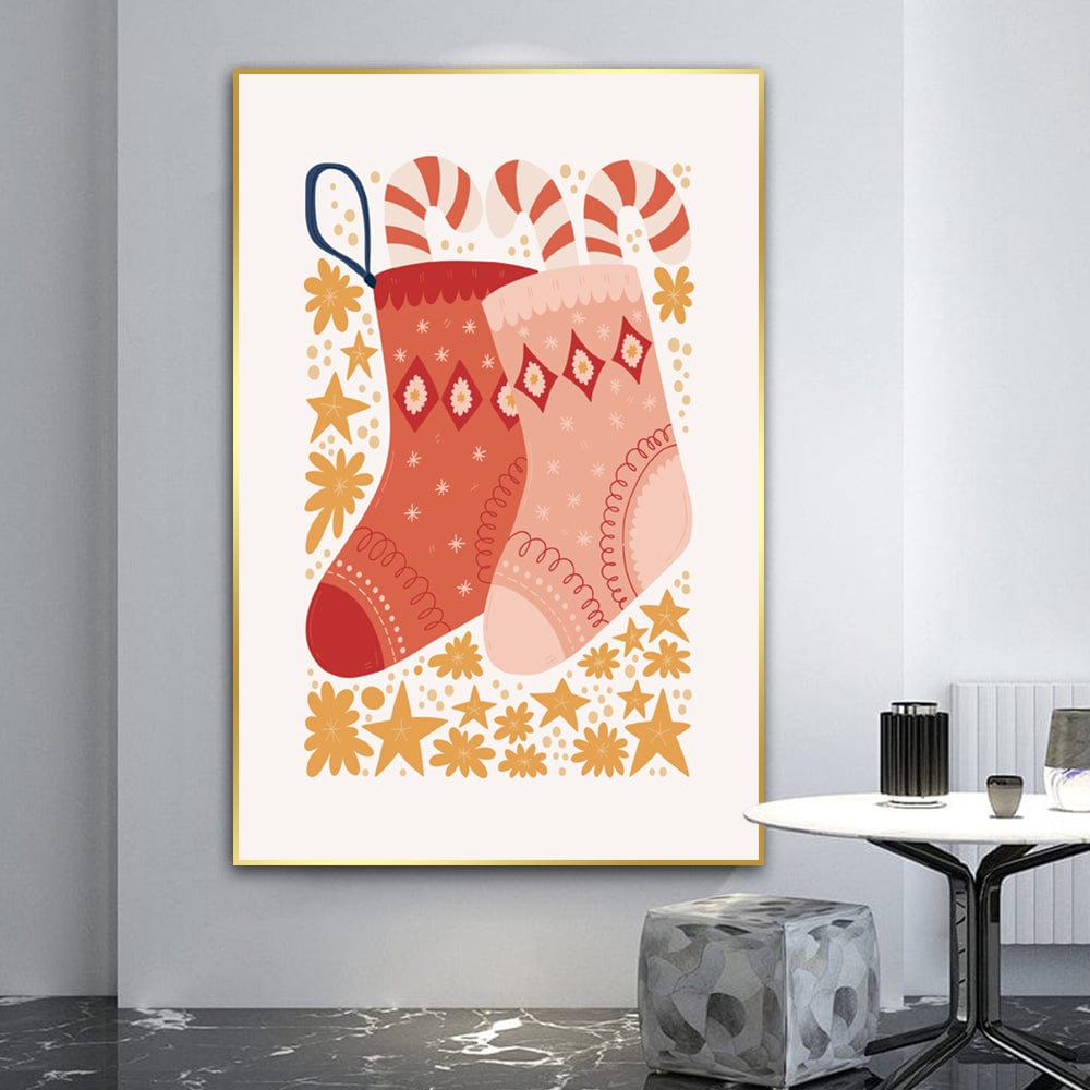 Christmas holiday socks wall art, festive red stockings with candy canes and gold stars