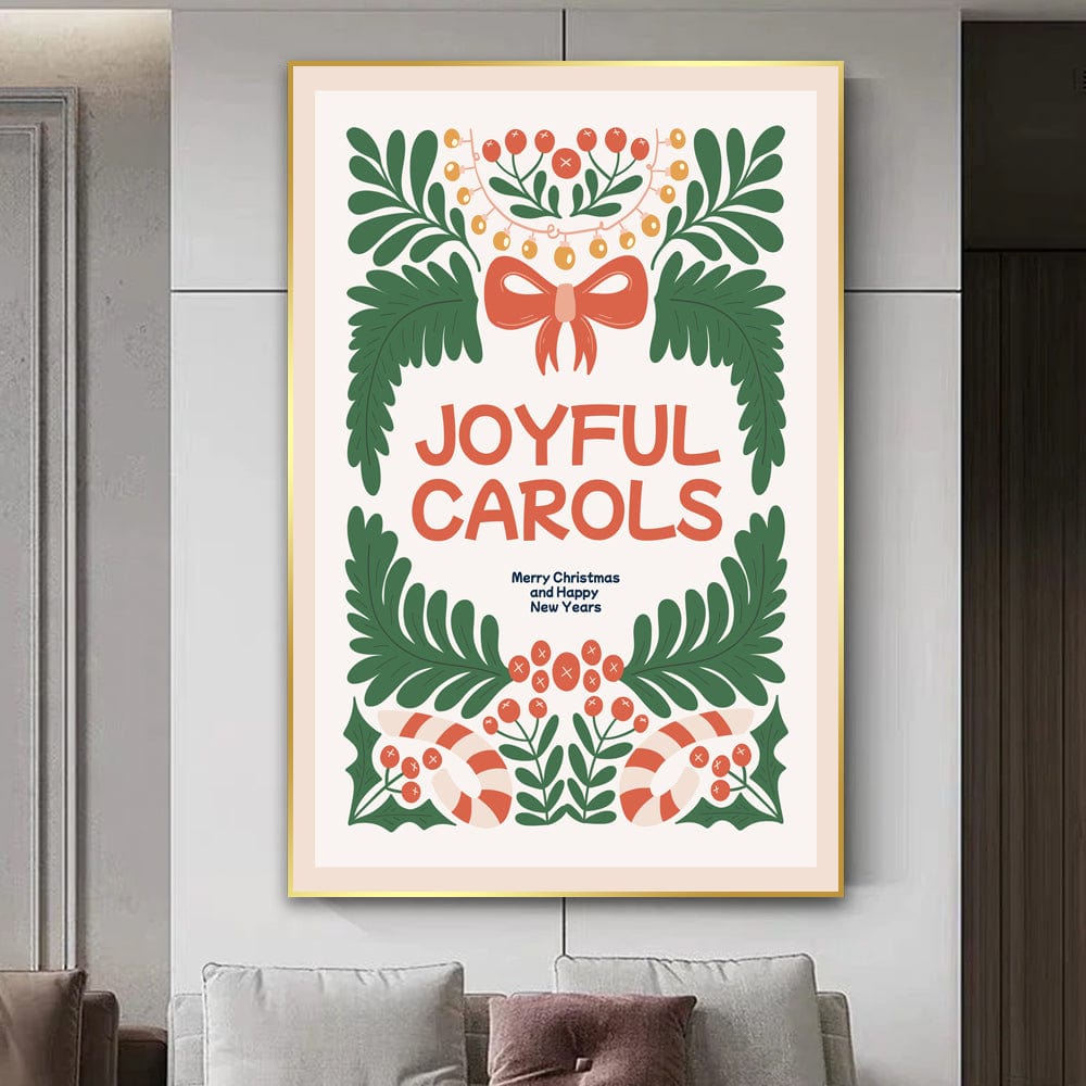 Joyful Carols wall art, holiday Christmas typography print with green leaves and a red bow in a gold frame above a sofa