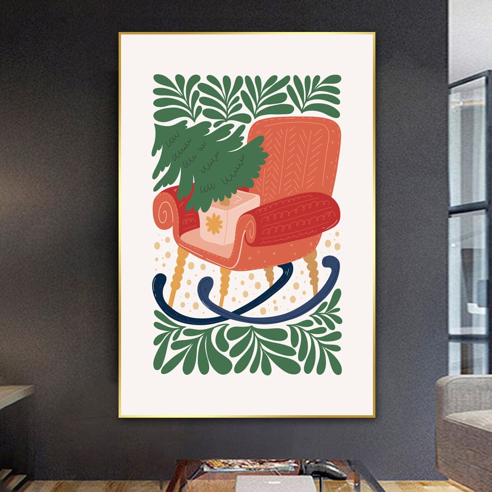 Festive Christmas tree wall art, vintage red rocking chair with wrapped gift and green leafy patterns on white background