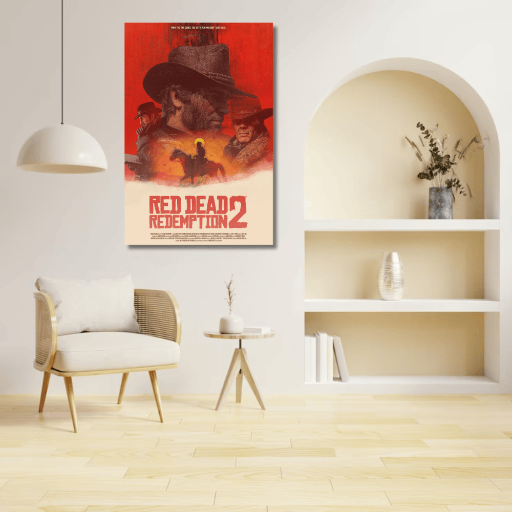 Cinematic western frontier wall art, cowboy portraits and horse rider in red and sepia tones hanging above a white chair