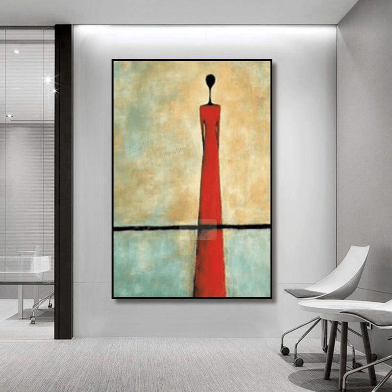 Red Reflection wall art, abstract painting of a tall red figure on blue and cream background in a black frame