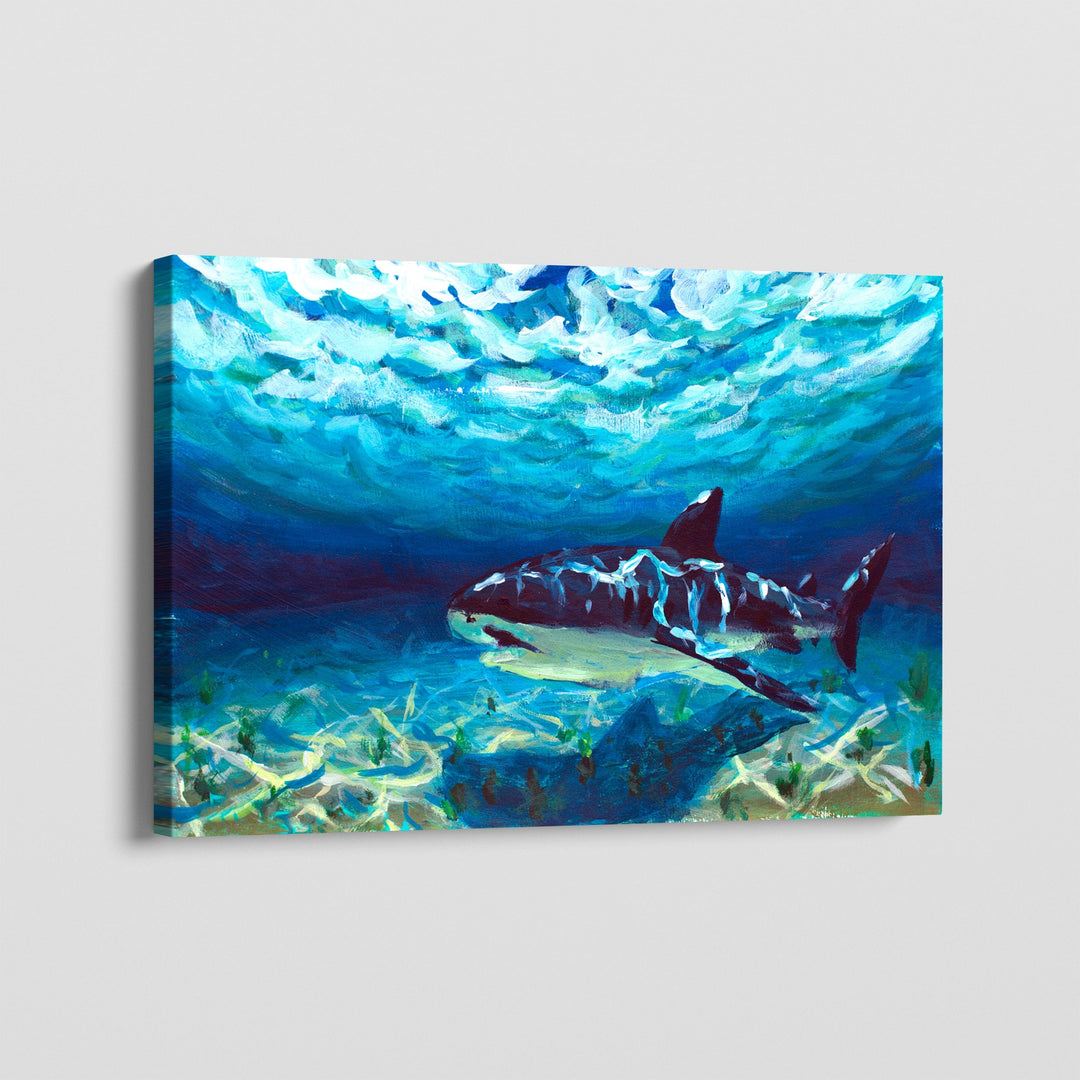 Blue ocean landscape wall art, abstract painting of a shark swimming in crystal clear water