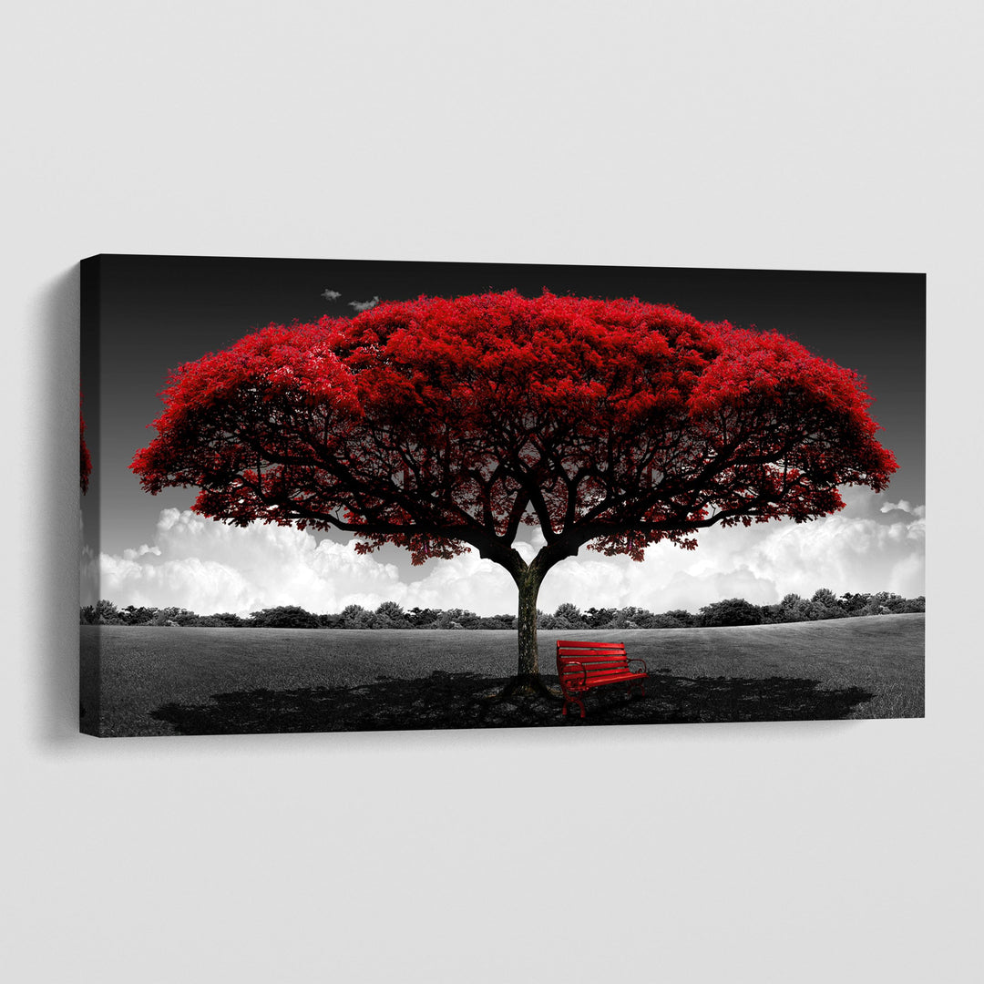Red Tree Canvas wall art, vivid red tree and matching bench against a black and white landscape