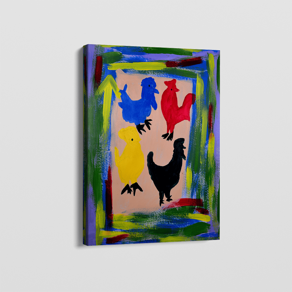 Colorful abstract birds animal painting wall art, four simplified roosters in blue red yellow and black