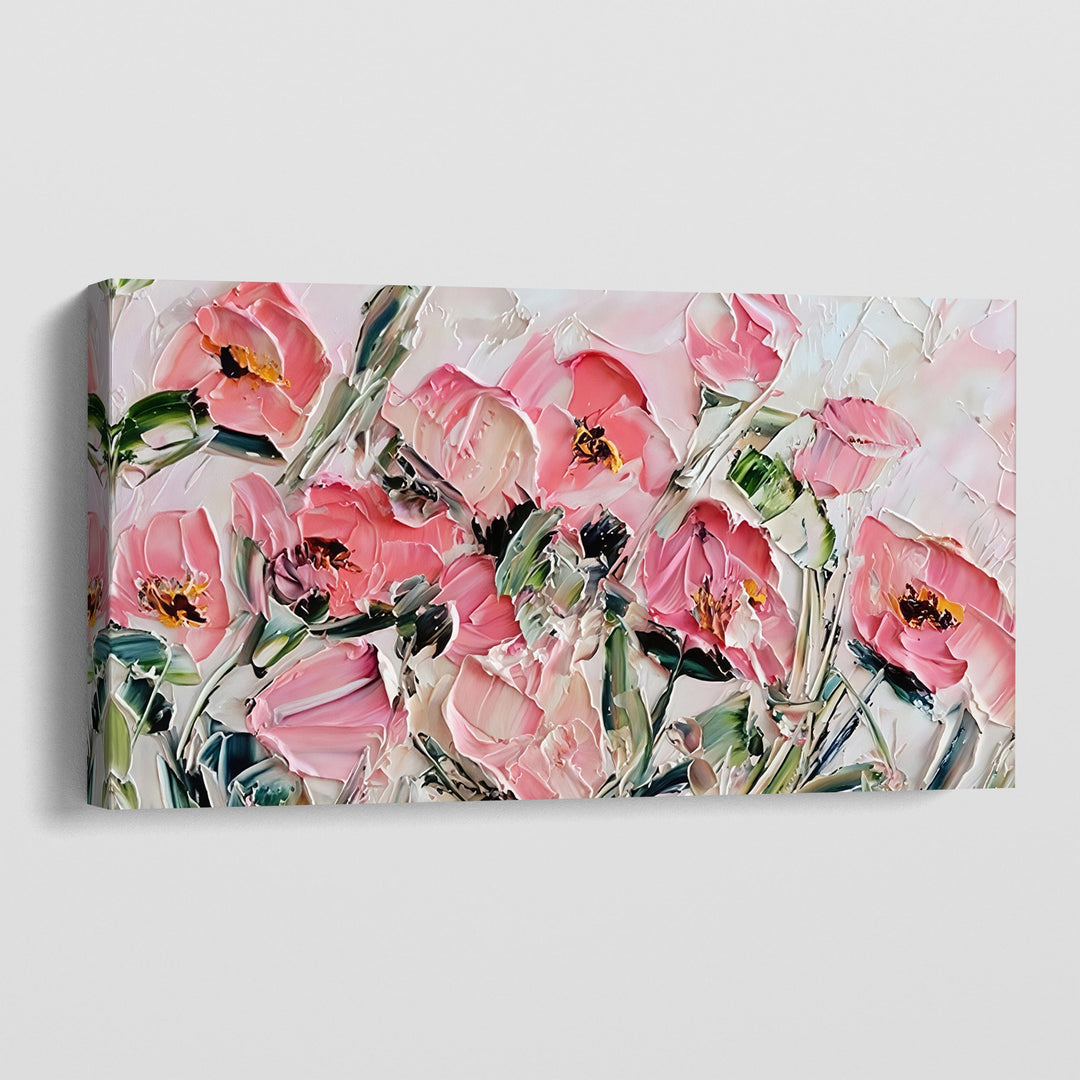 Abstract pink floral landscape wall art, textured pink roses and green leaves on a white background