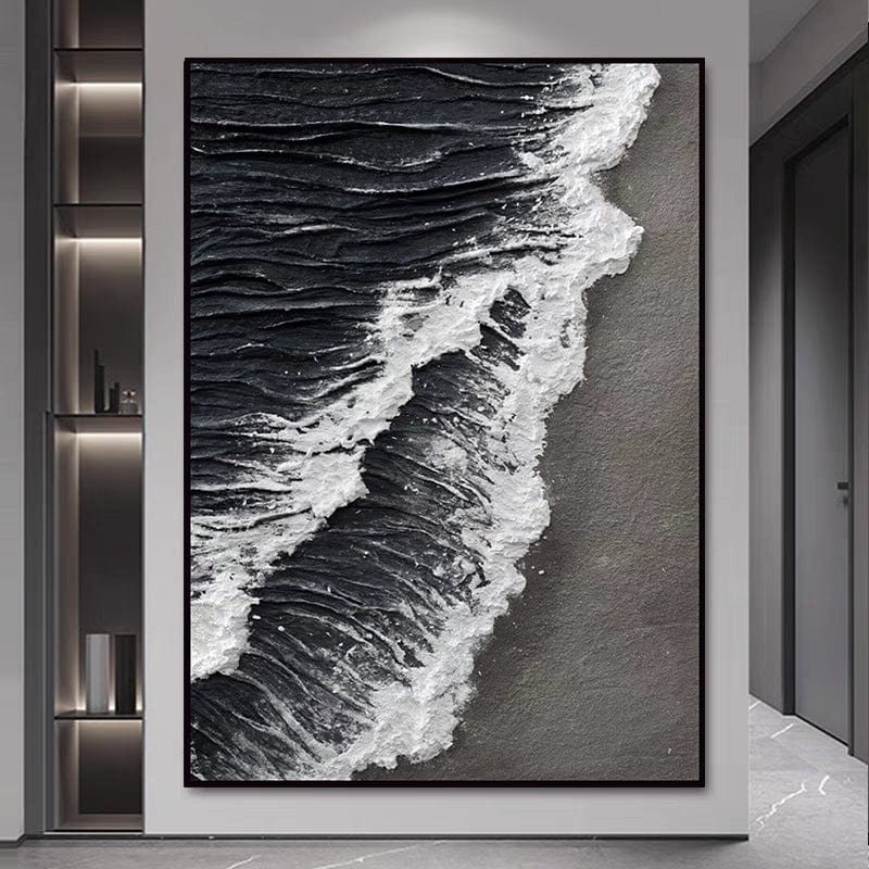 Dark ocean waves wall art, textured black water with foamy white sea foam crashing onto a shore