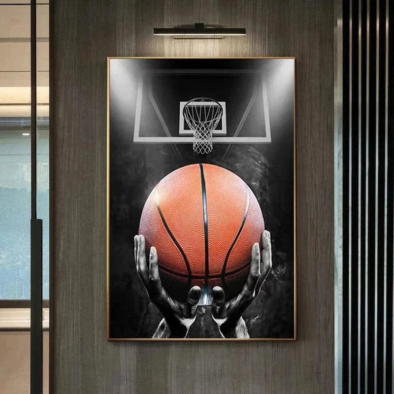 Modern sports portrait wall art, powerful hands gripping an orange basketball with a glowing hoop