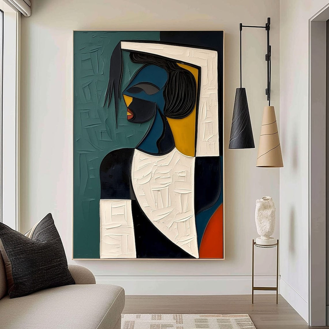Abstract woman portrait wall art, geometric silhouette in deep blues, gold, and textured white in a room mockup above a sofa