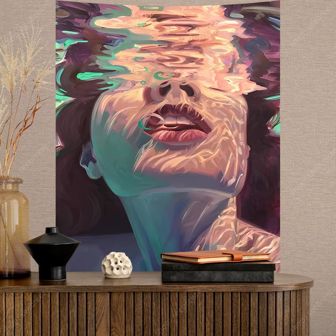 Submerged woman portrait wall art, surreal face underwater with swirling colors and rippling light patterns