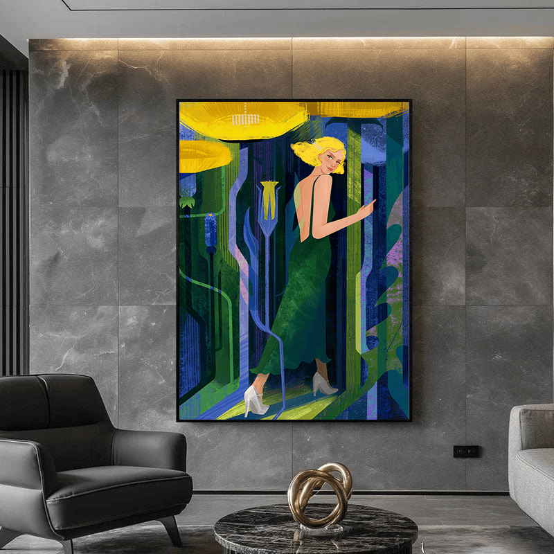Signs of Spring botanical woman portrait wall art, blond woman in a green dress surrounded by stylized emerald foliage