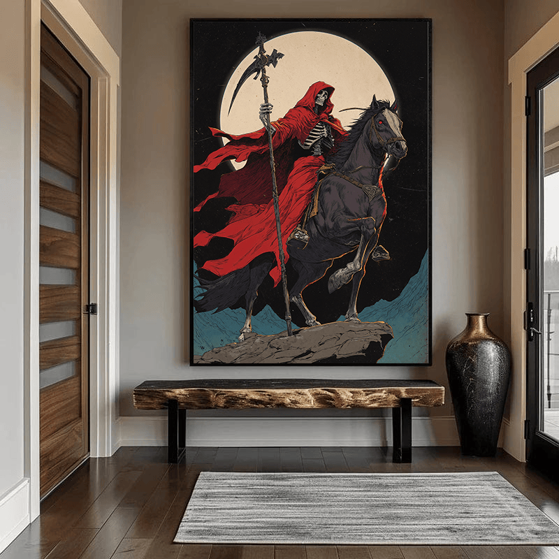 Gothic skeletal rider wall art, red cloaked figure on black horse before full moon hanging in a hallway