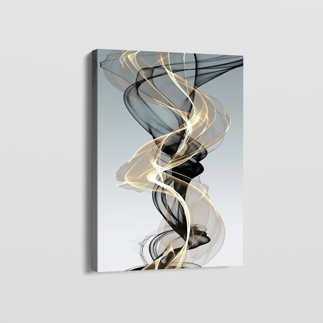 Abstract black and gold swirl wall art print, flowing smoke lines on a light grey gradient background