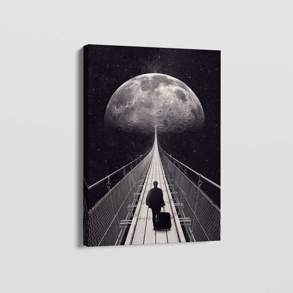 Space Trip Canvas wall art, monochrome landscape of a lone traveler on a bridge walking toward a massive moon
