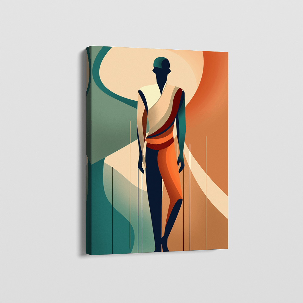 Abstract figure portrait wall art, solitary silhouette in navy, terracotta and teal with geometric shapes on canvas