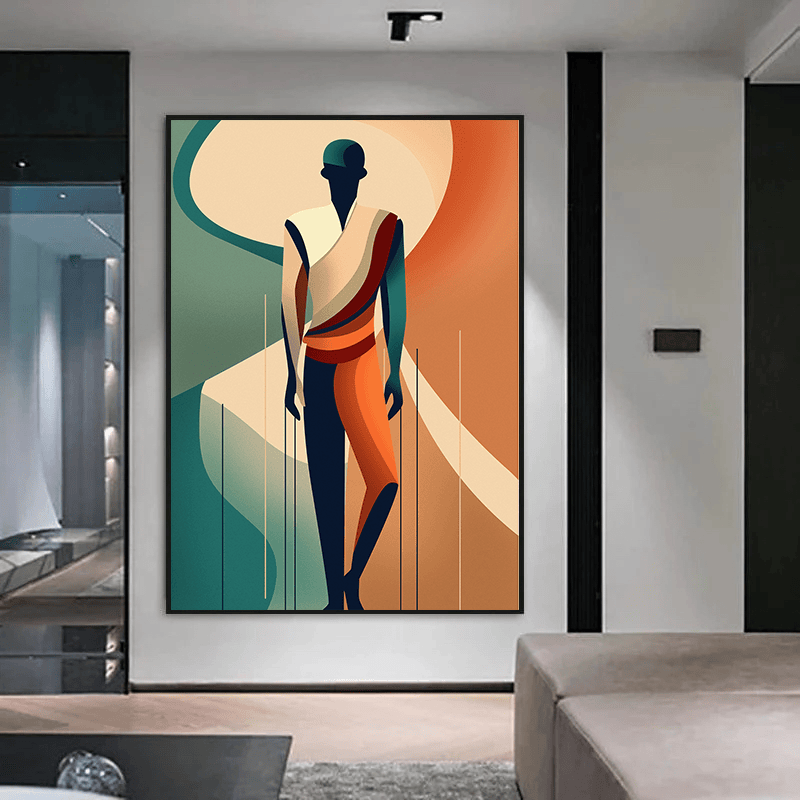 Abstract figure portrait wall art, geometric standing silhouette in navy, teal, and terracotta tones