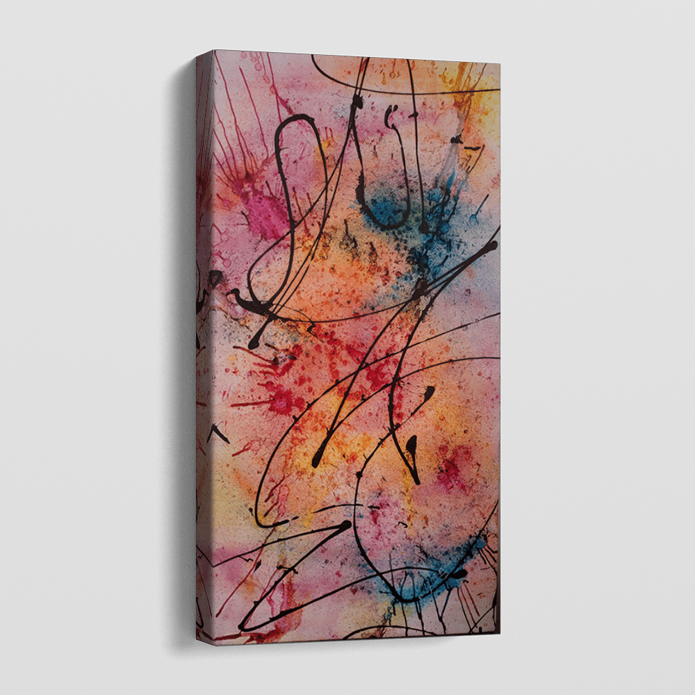 Abstract colorful splatter wall art print with pink, orange, yellow and blue washes and black ink lines