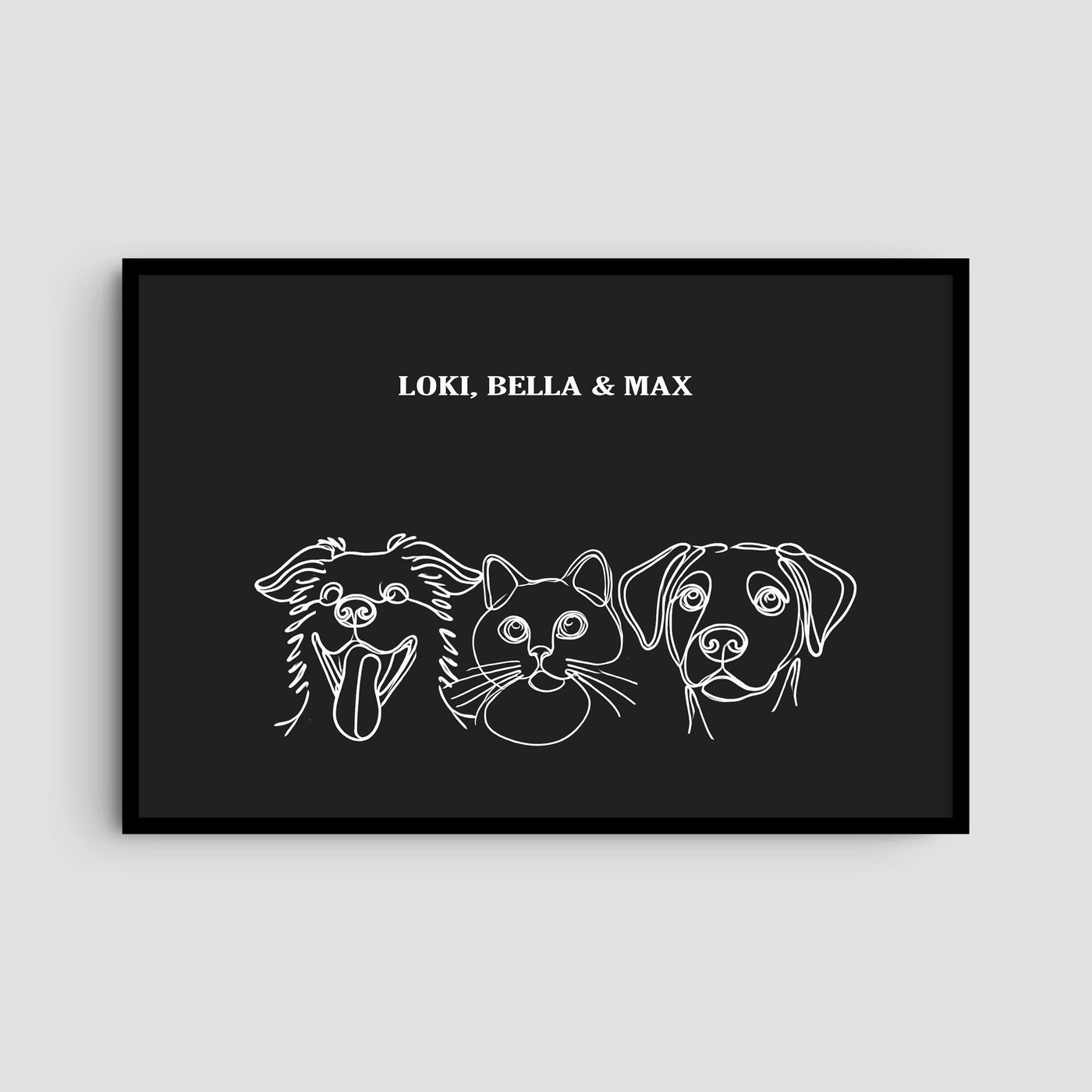 Custom Three Pet Line Art Portrait - Charcoal Gray