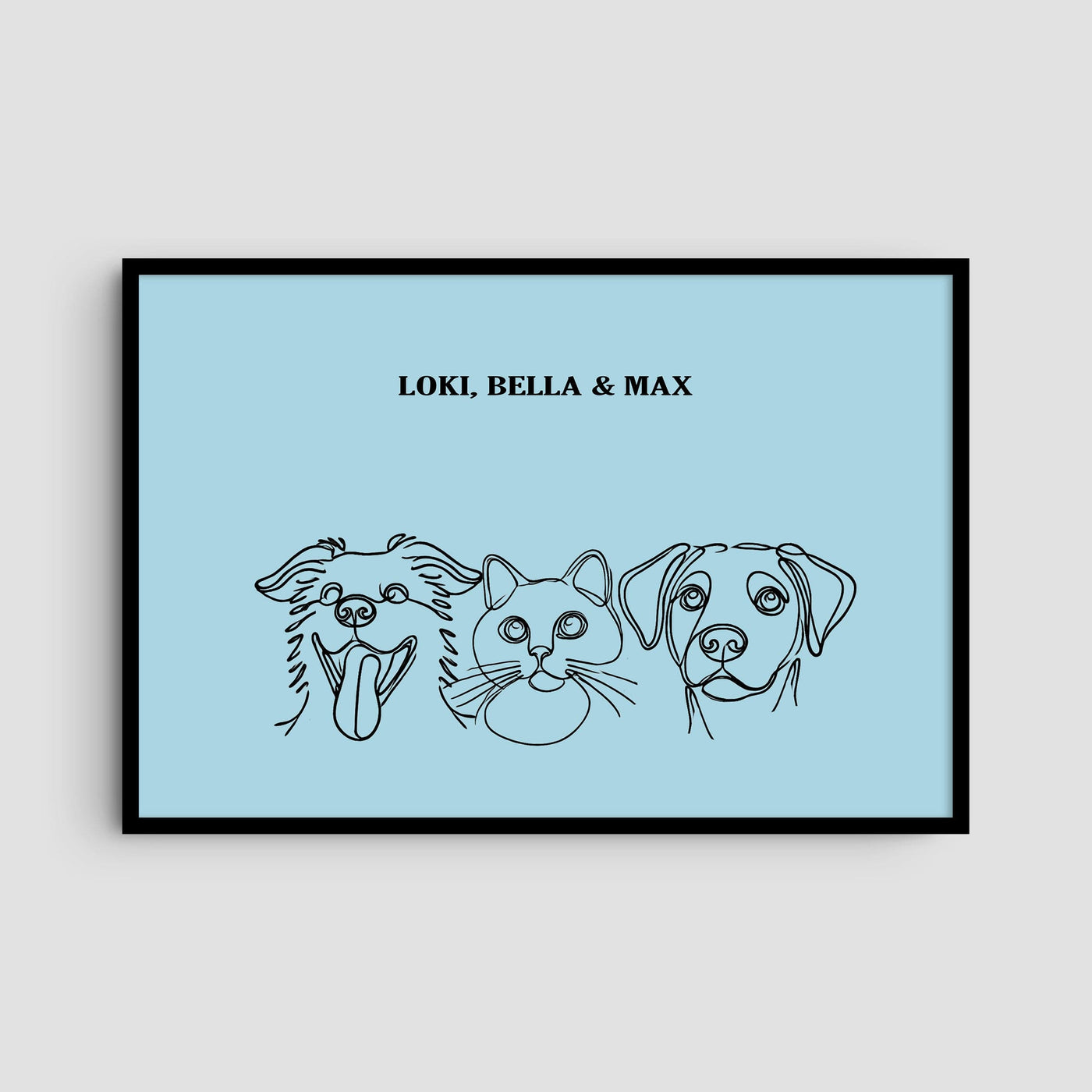 Custom Three Pet Line Art Portrait - Light Blue