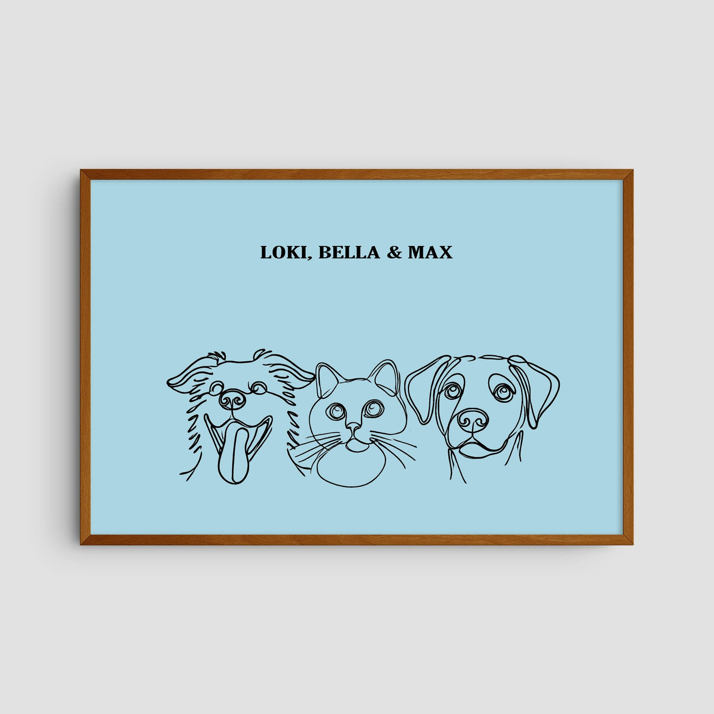 Custom Three Pet Line Art Portrait - Light Blue