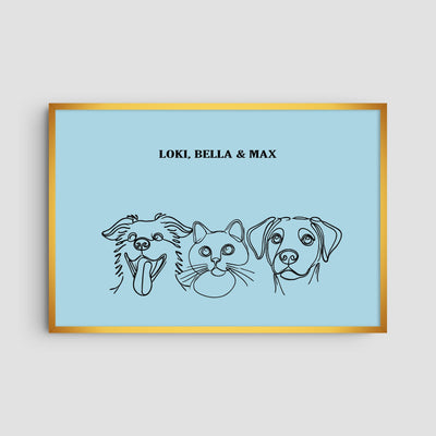 Custom Three Pet Line Art Portrait - Light Blue