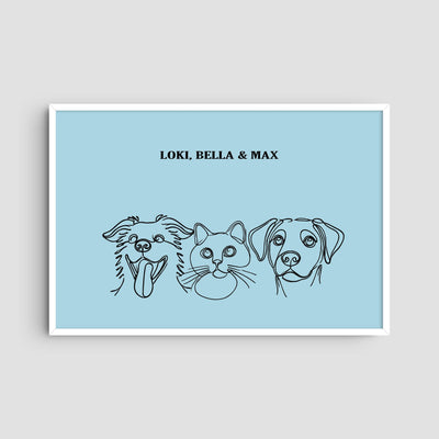 Custom Three Pet Line Art Portrait - Light Blue