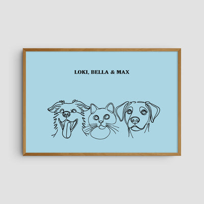 Custom Three Pet Line Art Portrait - Light Blue