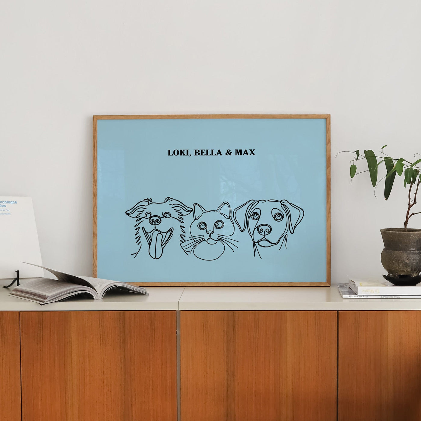 Custom Three Pet Line Art Portrait - Light Blue