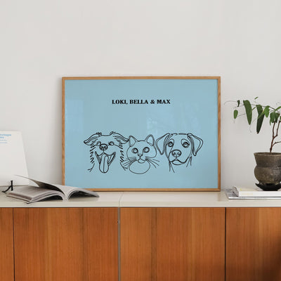 Custom Three Pet Line Art Portrait - Light Blue