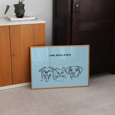 Custom Three Pet Line Art Portrait - Light Blue