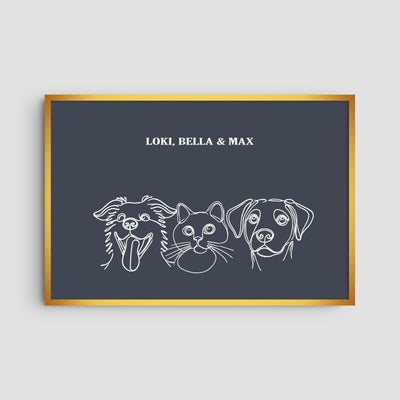 Custom Three Pet Line Art Portrait - Navy