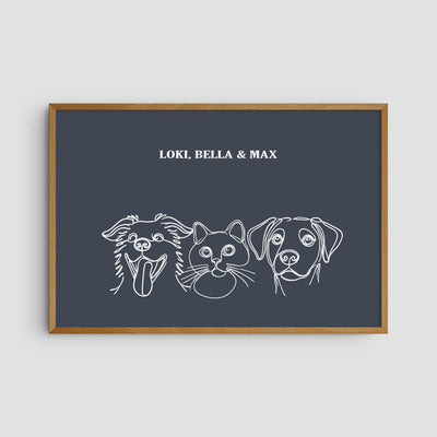 Custom Three Pet Line Art Portrait - Navy