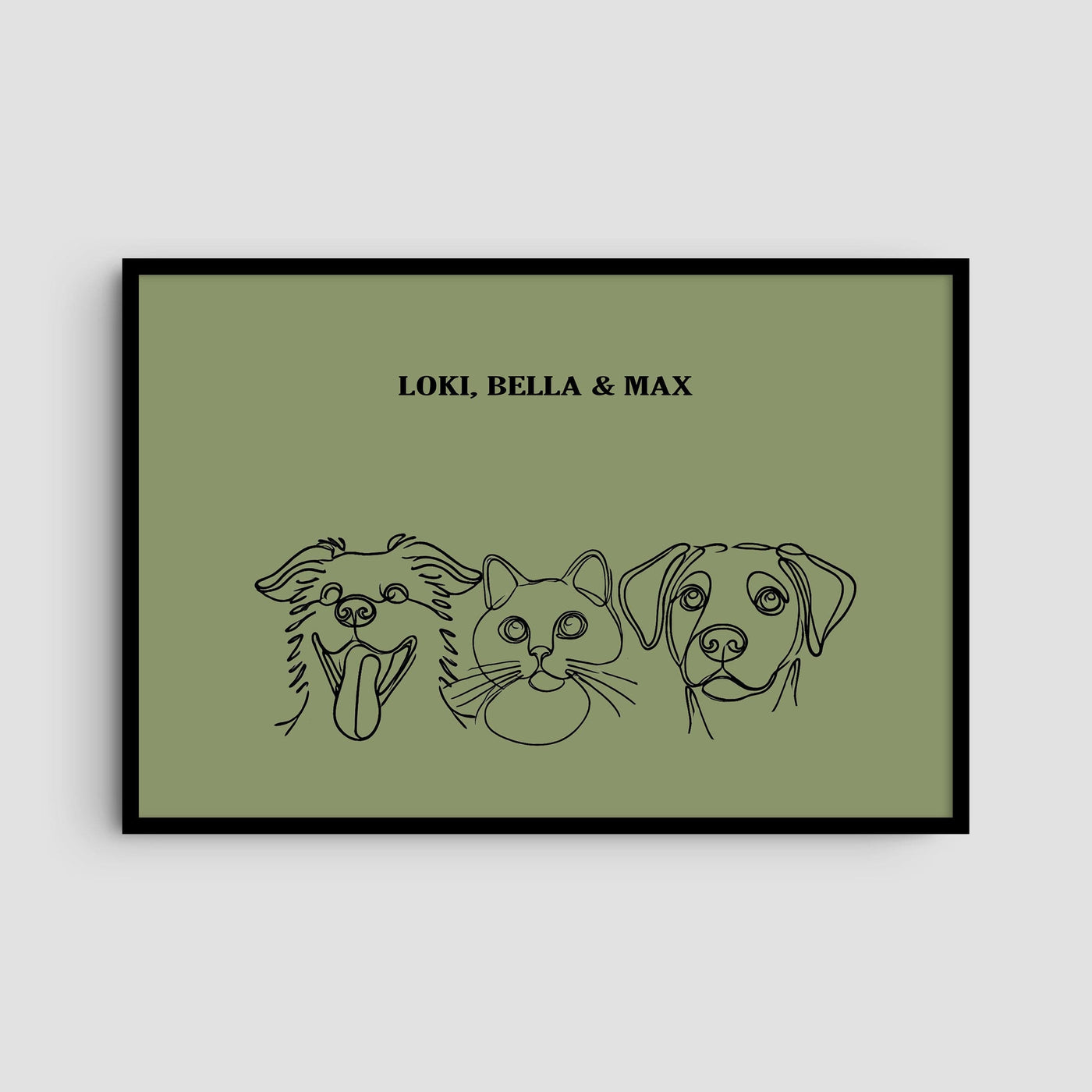 Custom Three Pet Line Art Portrait - Sage