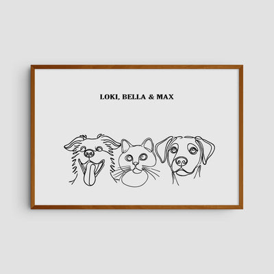 Custom Three Pet Line Art Portrait - Soft White