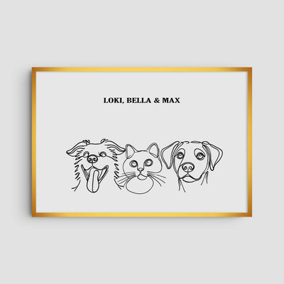 Custom Three Pet Line Art Portrait - Soft White