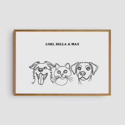 Custom Three Pet Line Art Portrait - Soft White