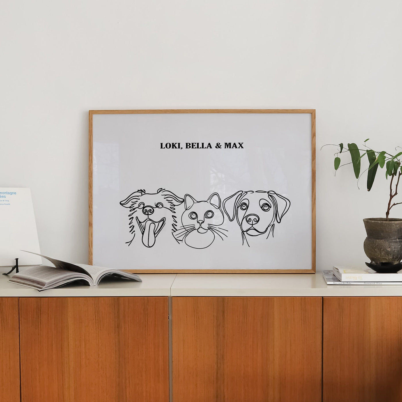 Custom Three Pet Line Art Portrait - Soft White