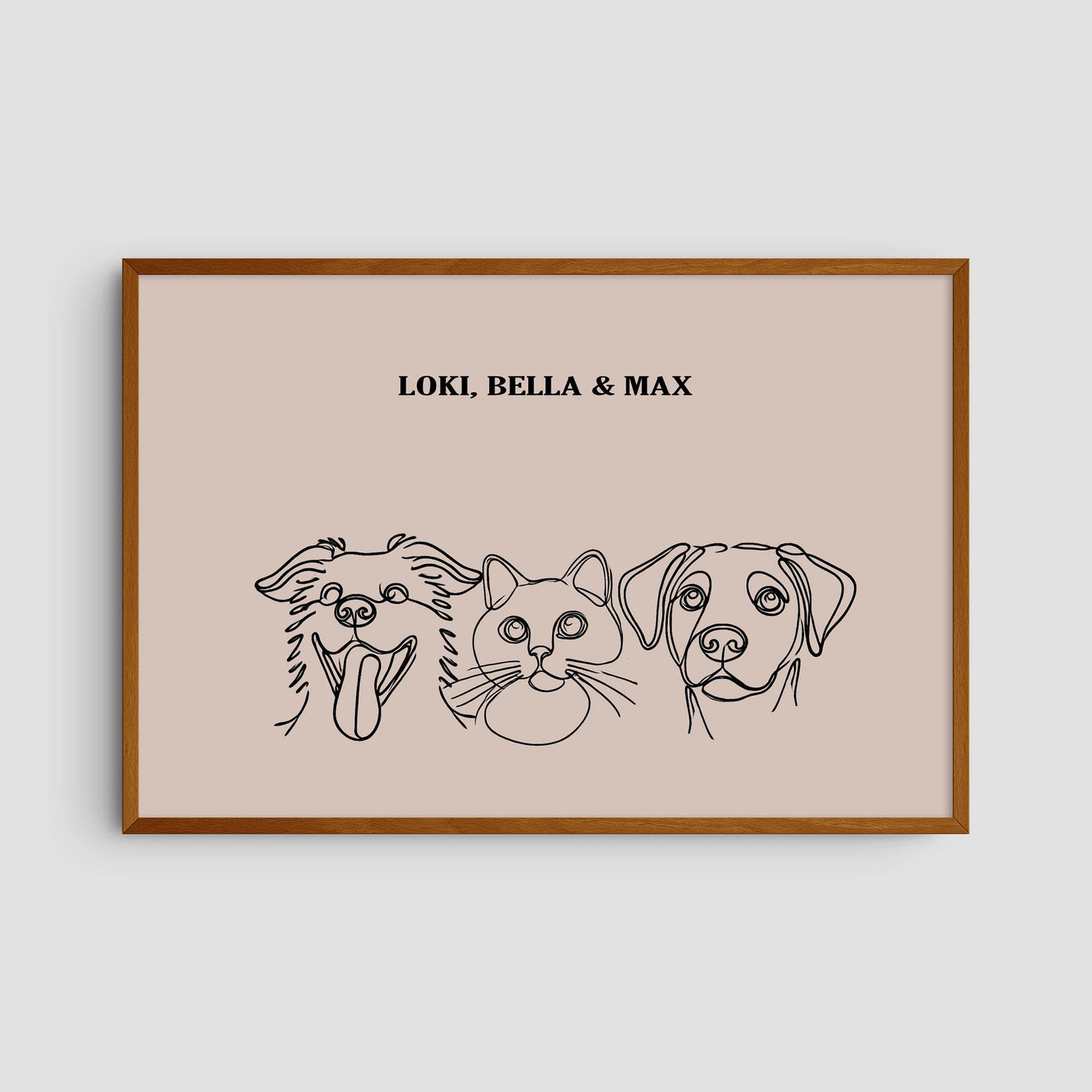 Custom Three Pet Line Art Portrait - Dusty Pink