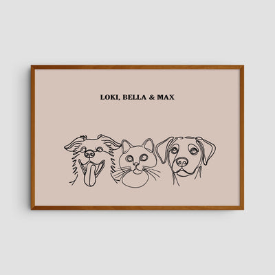 Custom Three Pet Line Art Portrait - Dusty Pink