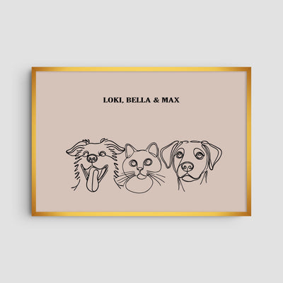 Custom Three Pet Line Art Portrait - Dusty Pink