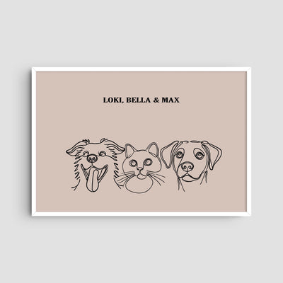 Custom Three Pet Line Art Portrait - Dusty Pink