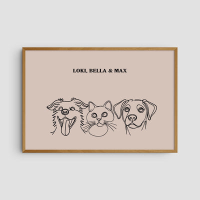 Custom Three Pet Line Art Portrait - Dusty Pink