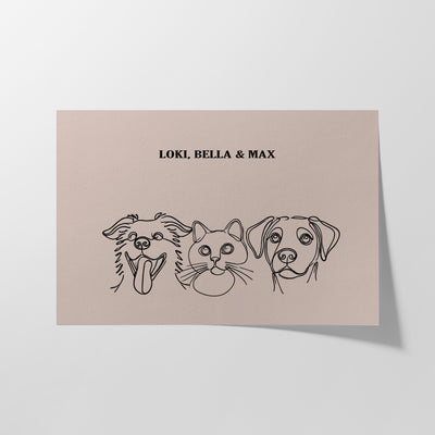 Custom Three Pet Line Art Portrait - Dusty Pink