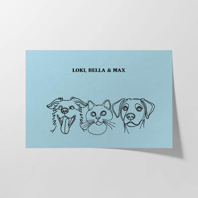 Custom Three Pet Line Art Portrait - Light Blue