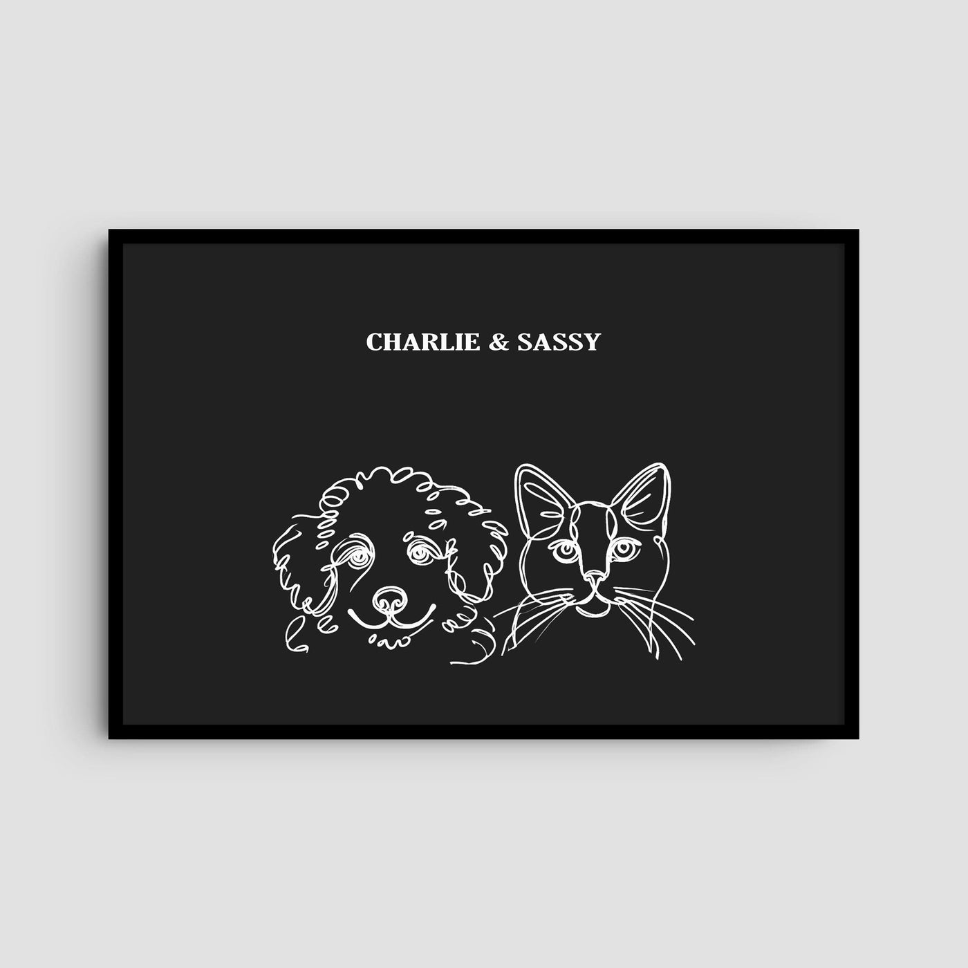 Custom Two Pet Line Art Portrait - Charcoal Background