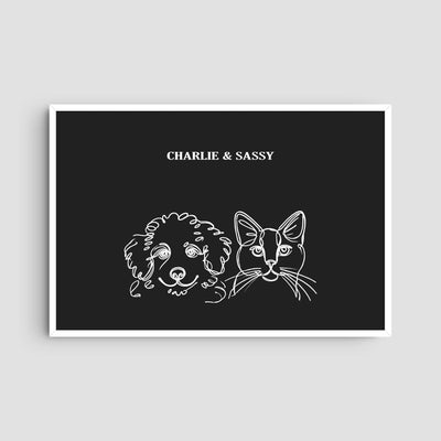 Custom Two Pet Line Art Portrait - Charcoal Background