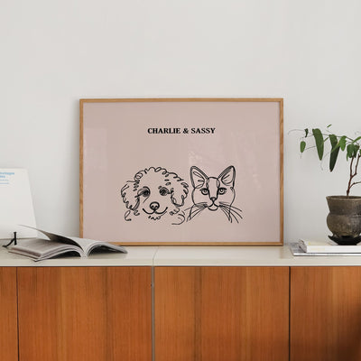 Custom Two Pet Line Art Portrait - Dusty Pink